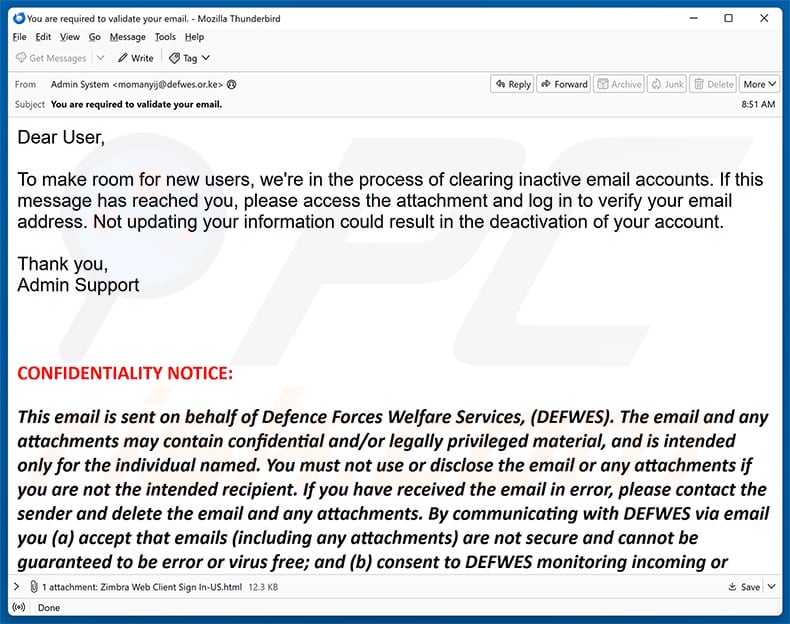 Clearing Inactive Email Accounts phishing email asking the recipient to open an HTML attachment