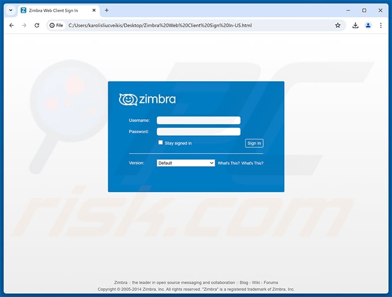 Fake Zimbra webmail login displayed by the attached HTML file