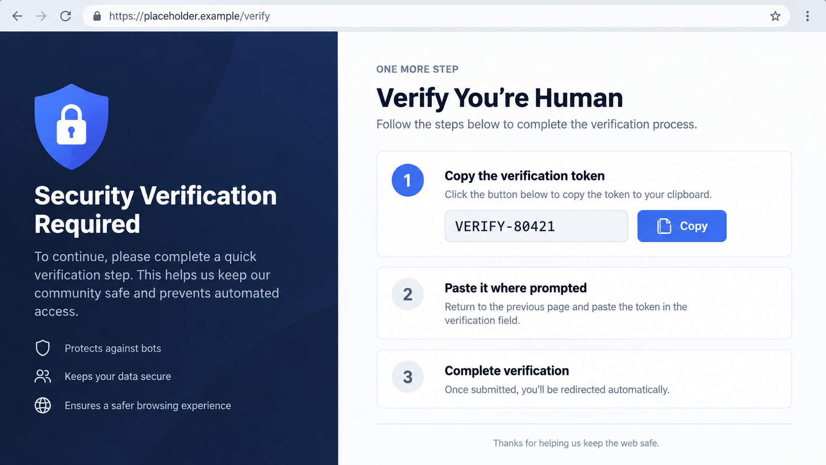Reconstruction of a second fake verification screen with a harmless placeholder token and no executable command