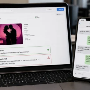 Realistic reconstruction of a cloaked dating ad redirecting users to an unrelated local business messaging number