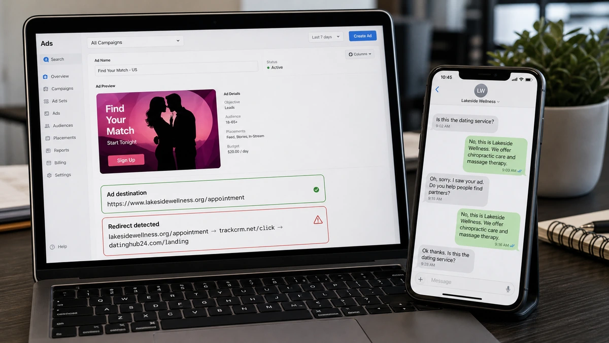 Cloaked Facebook Dating Ads Frame an Innocent Business 1 Realistic reconstruction of a cloaked dating ad redirecting users to an unrelated local business messaging number