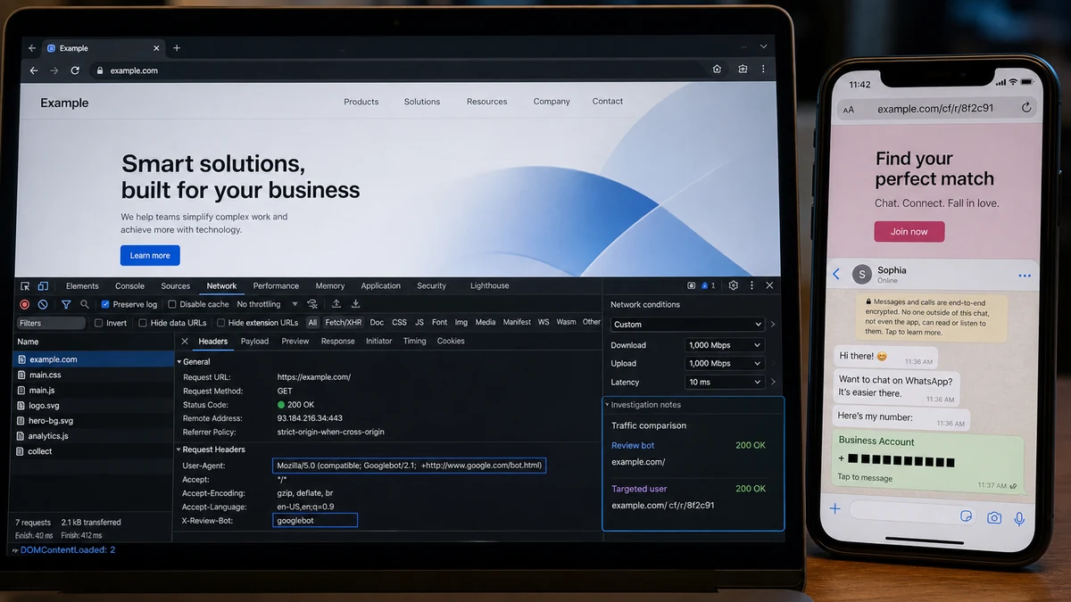 Cloaked Facebook Dating Ads Frame an Innocent Business 2 Realistic reconstruction of an ad reviewer seeing a clean page while a targeted phone sees a dating funnel leading to a redacted business chat number