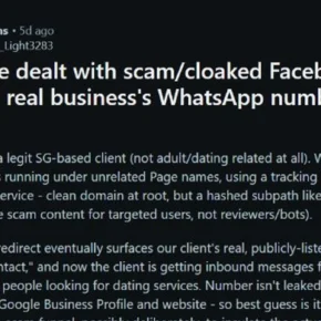 Authentic Reddit report about cloaked Facebook dating ads sending users to an innocent business WhatsApp number