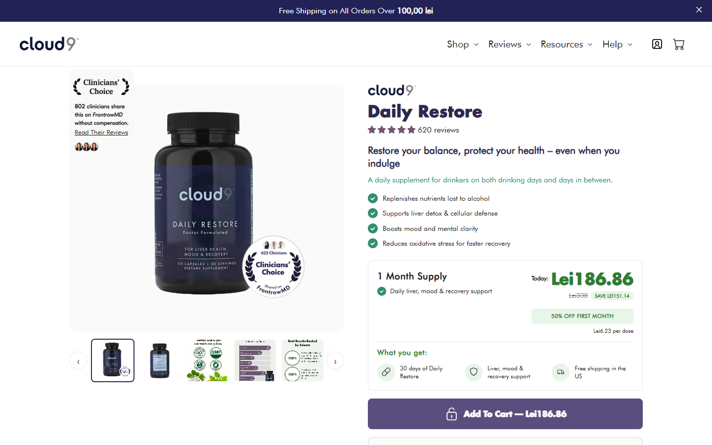 Screenshot of Cloud9 Daily Restore product page showing liver and recovery claims beside the bottle