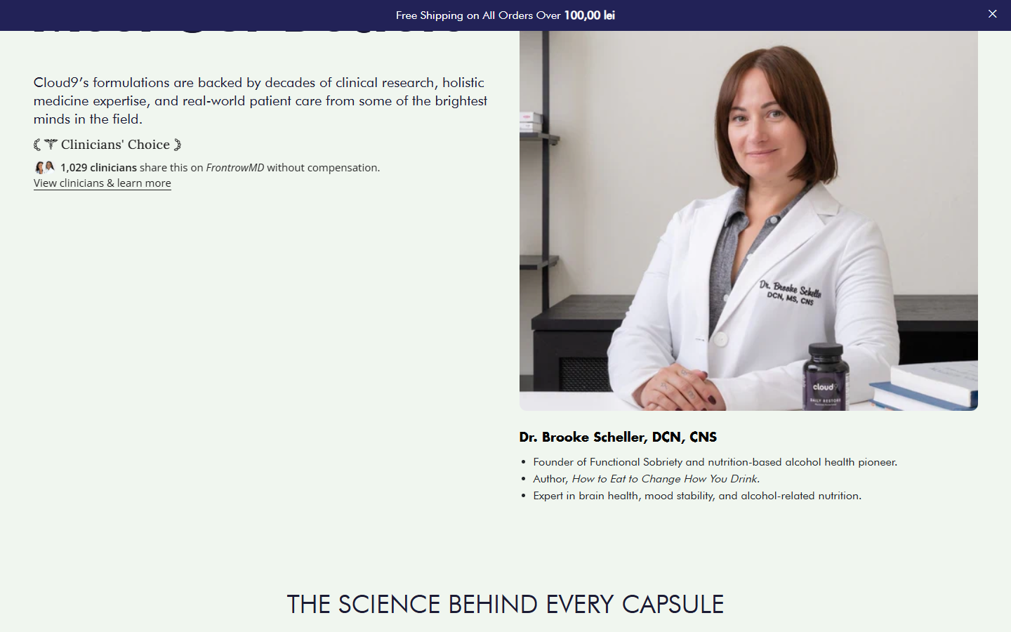 Screenshot of Cloud9 page presenting clinician credentials and product science claims