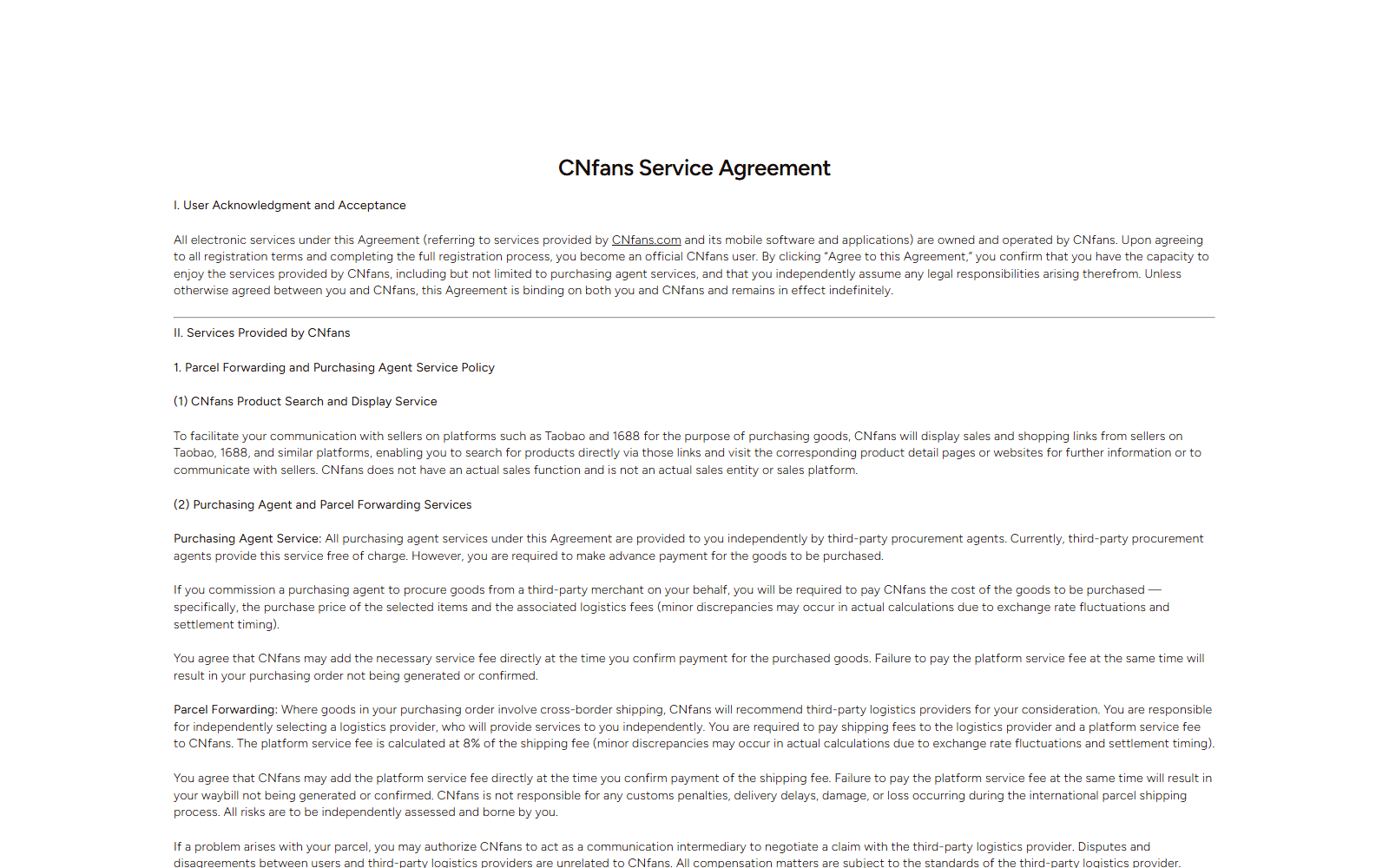 CNFans Review: Shipping Fees, Customs Risks and Return Limits Explained 1 CNFans service agreement explaining purchasing-agent and parcel-forwarding fees