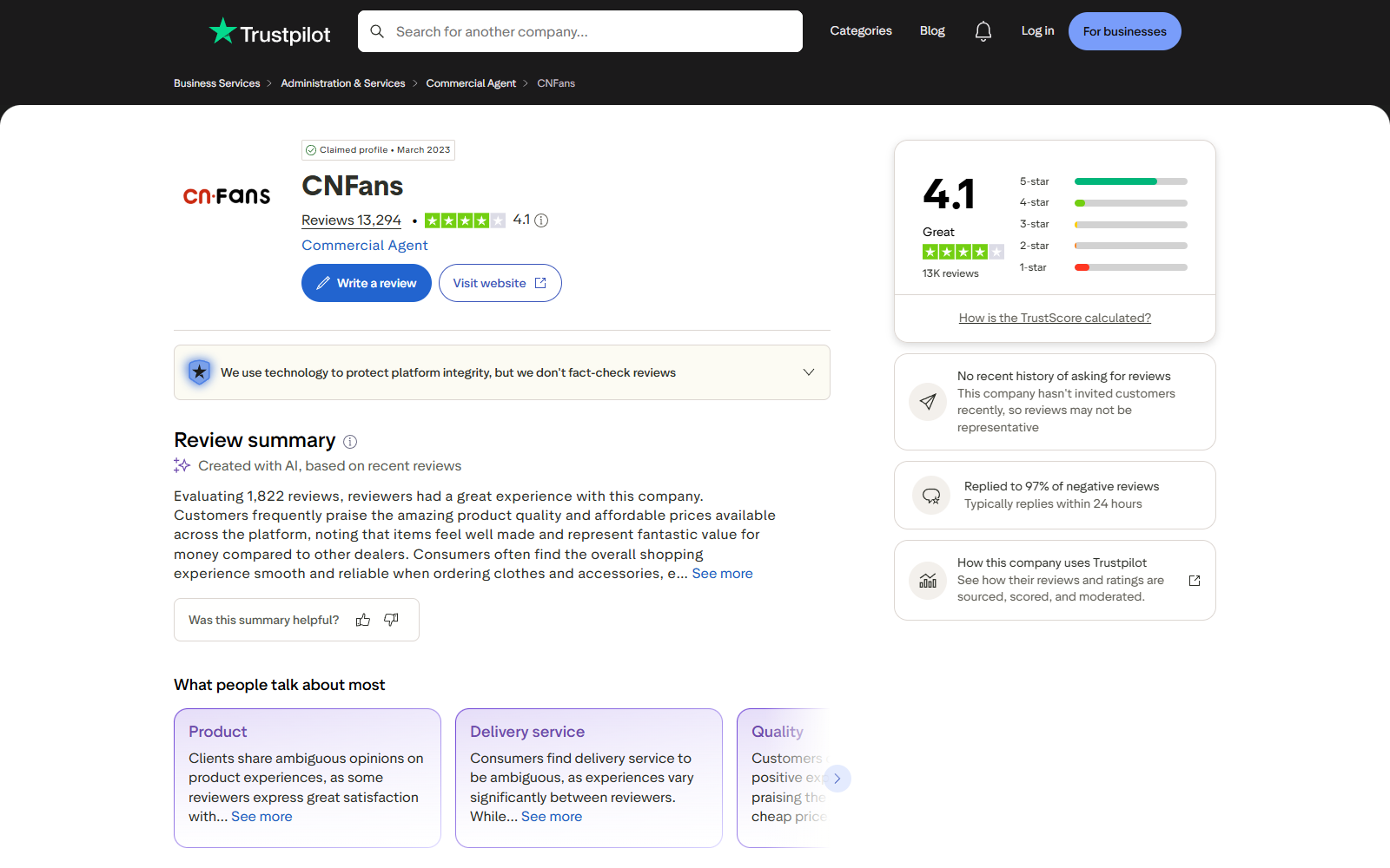 CNFans Review: Shipping Fees, Customs Risks and Return Limits Explained 2 CNFans Trustpilot profile showing a large review volume and mixed customer feedback