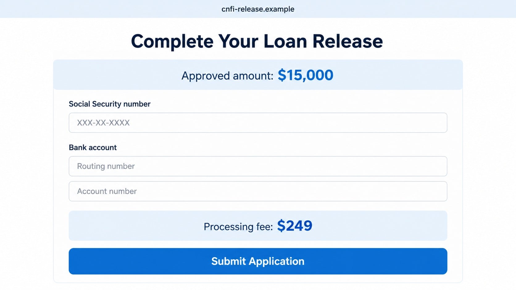 Reconstructed CNFI USA loan release page requesting identity, bank details, and a $249 fee