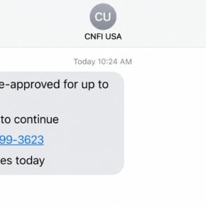Reconstructed CNFI USA loan scam text offering a pre-approved $15,000 loan
