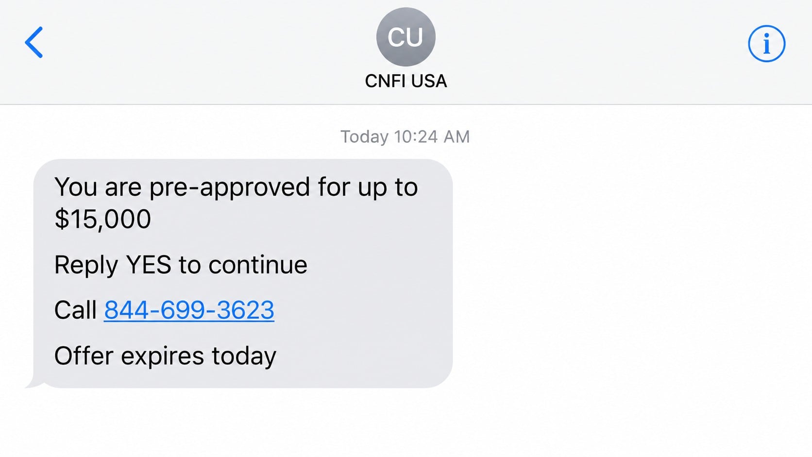 Reconstructed CNFI USA loan scam text offering a pre-approved $15,000 loan