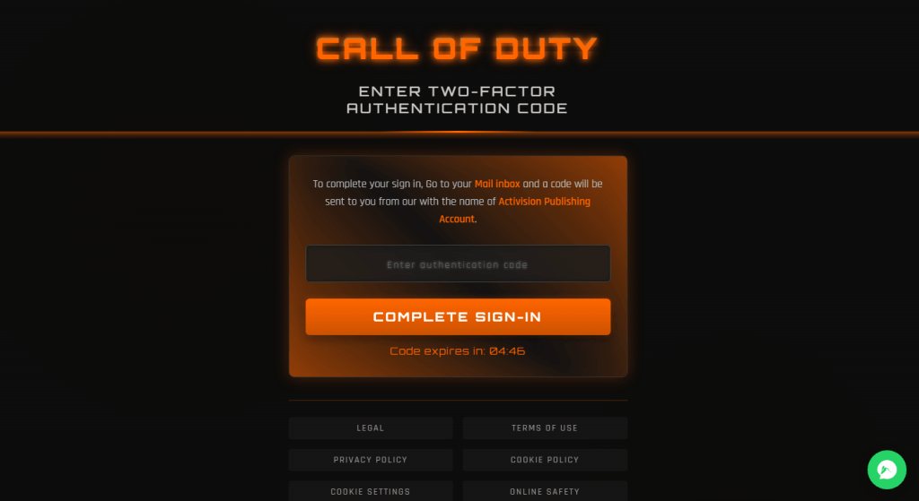 Fake Call of Duty Points Giveaway Steals Accounts 2 Authentic capture of the fake Call of Duty two-factor authentication code page