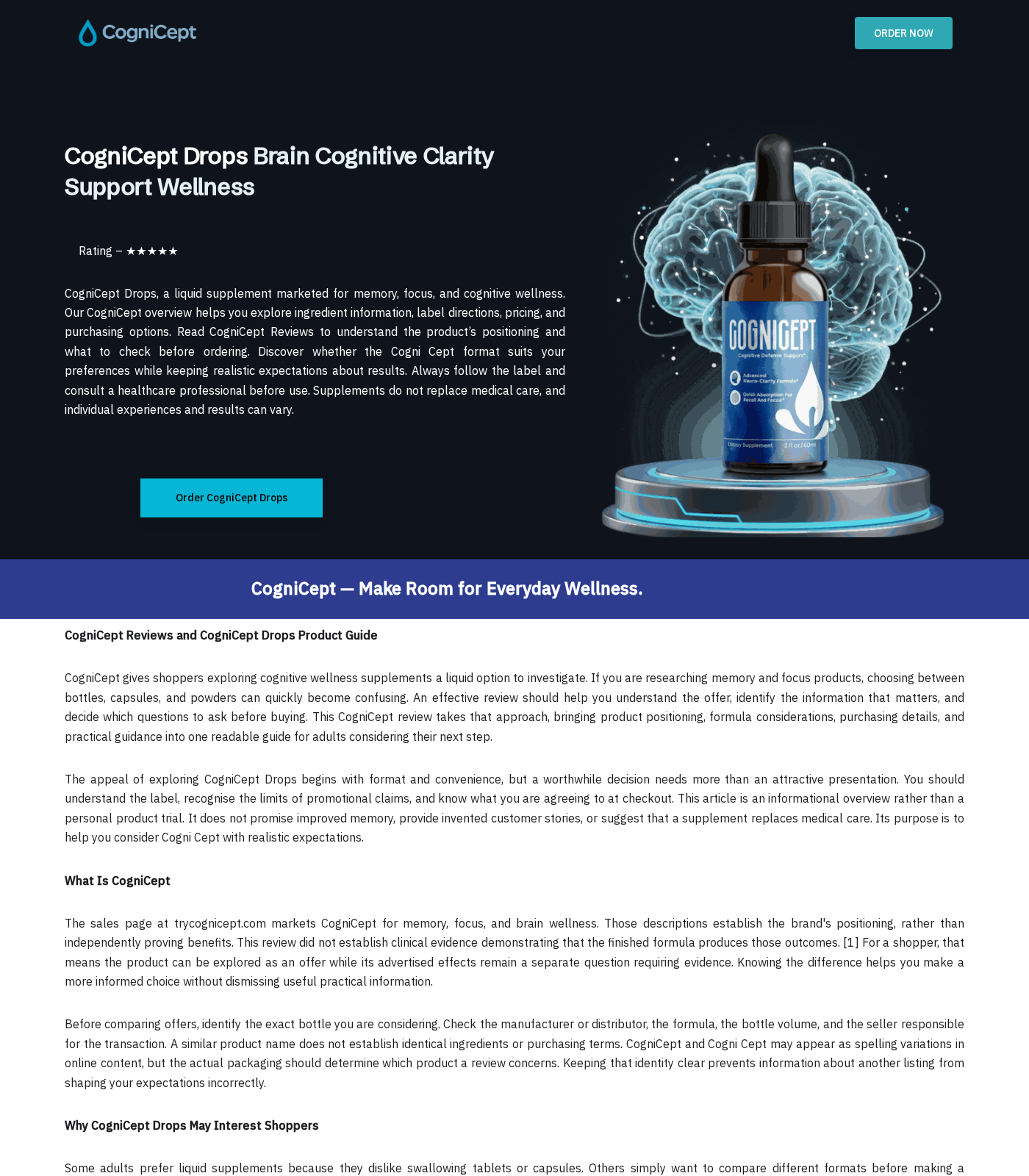 CogniCept Drops Scam Exposed: The Checkout Brand Switch 1 CogniCept Drops website promoting a cognitive clarity liquid supplement