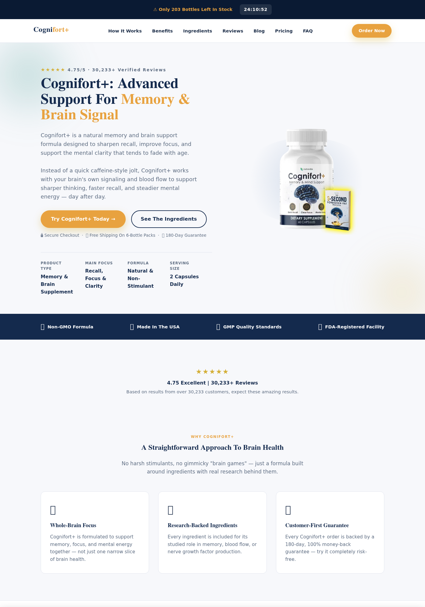 Cognifort+ Review: Fake Reviews and Seller Red Flags 1 Cognifort Plus sales page showing bottle packages, review claims, and limited-stock messaging