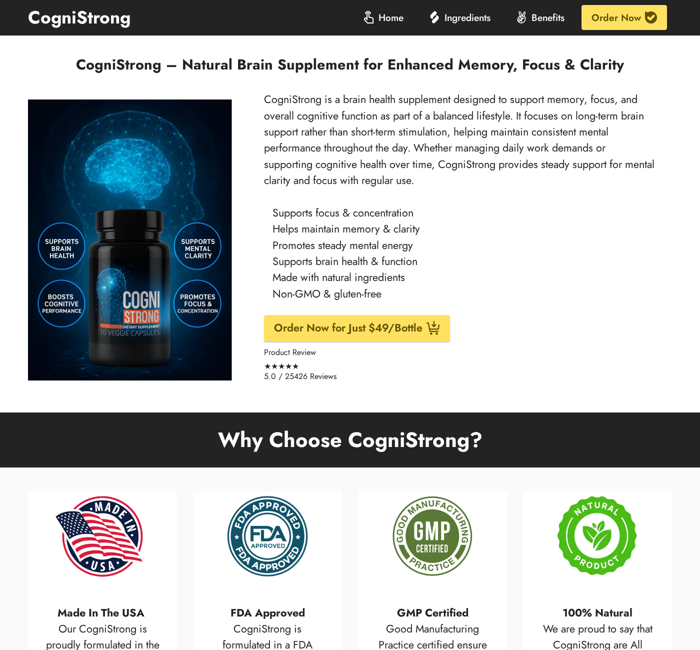 CogniStrong homepage showing brain supplement claims, badges, and review count
