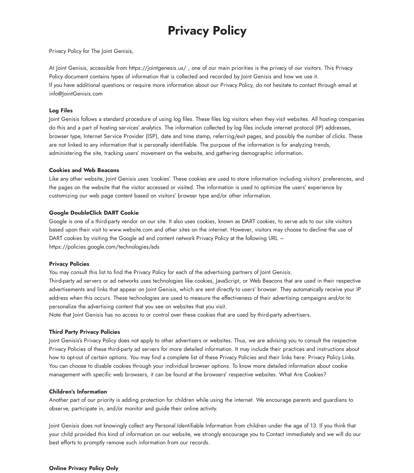 CogniStrong privacy page incorrectly referring to Joint Genesis and a different company