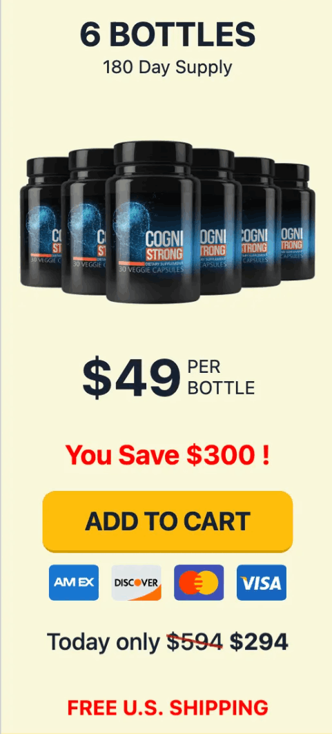 CogniStrong six-bottle pricing graphic showing $49 per bottle and a $294 total