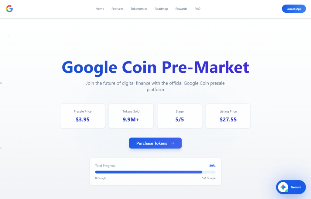 Fake Google Coin Presale Scam Uses a Gemini Bot 1 Fake Google Coin presale page with price and limited-stage claims