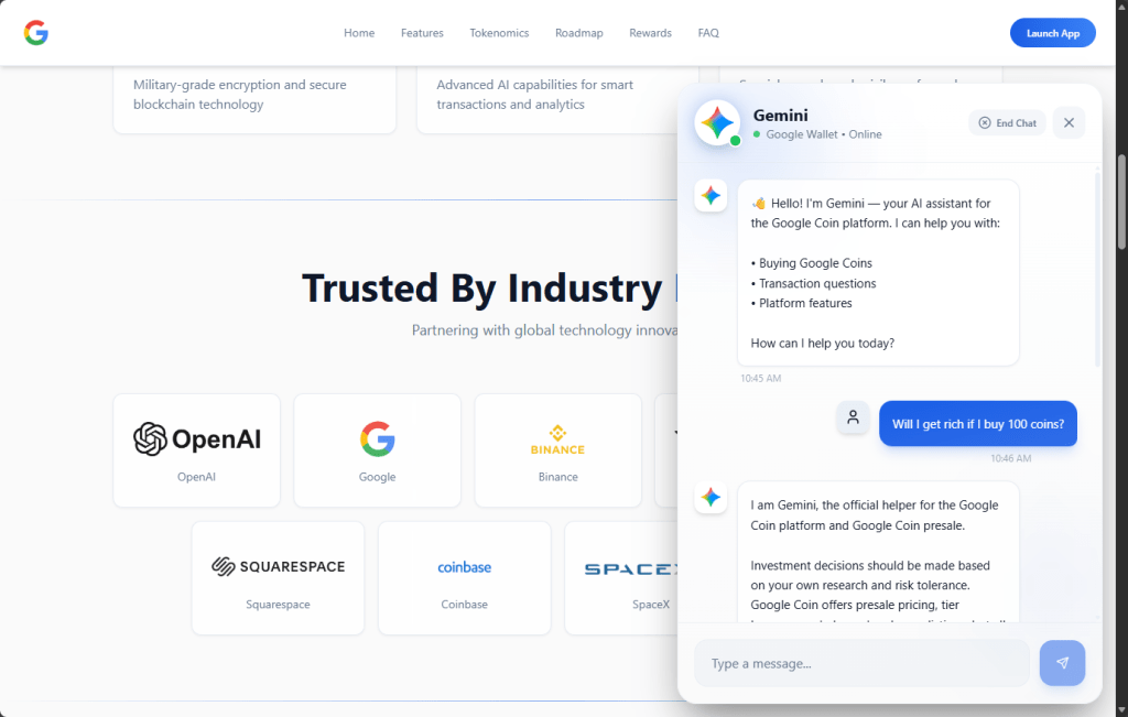 Fake Google Coin Presale Scam Uses a Gemini Bot 2 Fake Gemini chatbot answering questions on the Google Coin presale page
