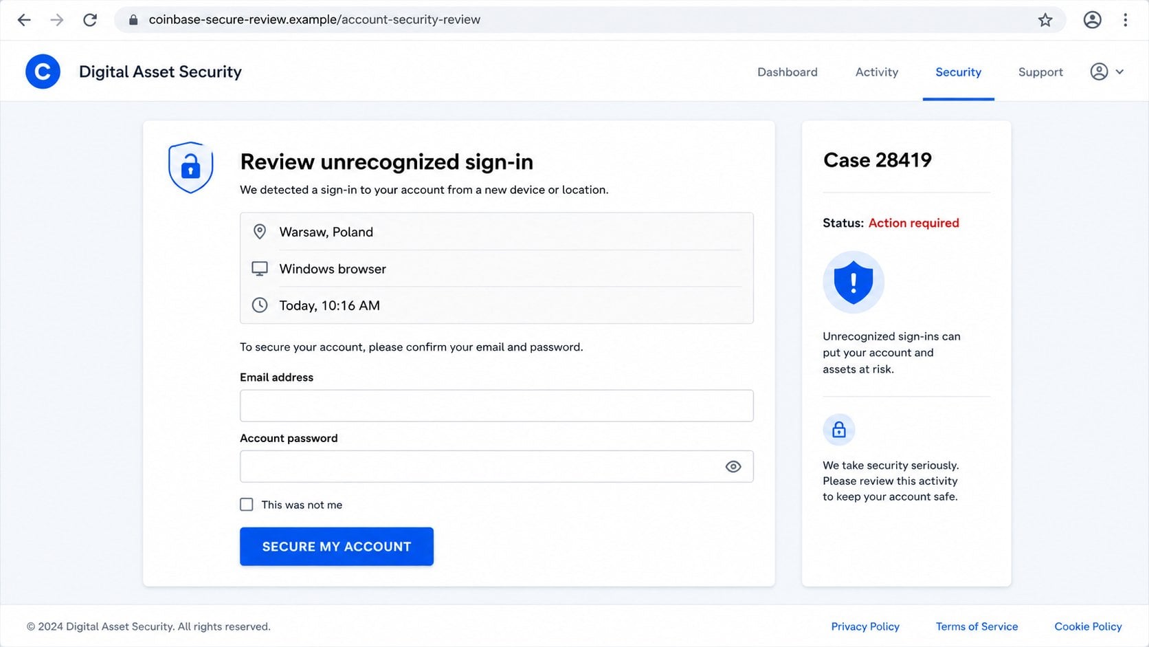 Coinbase Scam Text: How Fake Security Alerts Can Drain Your Crypto Account 2 Reconstructed fake Coinbase security verification page requesting account details