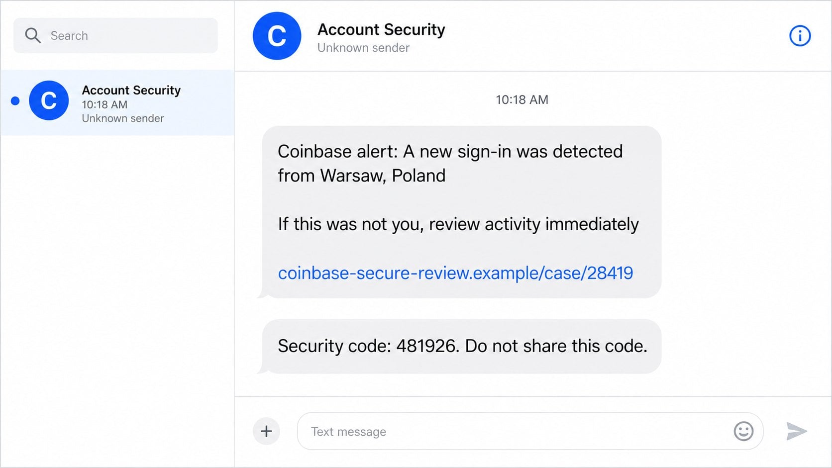 Coinbase Scam Text: How Fake Security Alerts Can Drain Your Crypto Account 1 Reconstructed Coinbase scam text warning about an unauthorized withdrawal