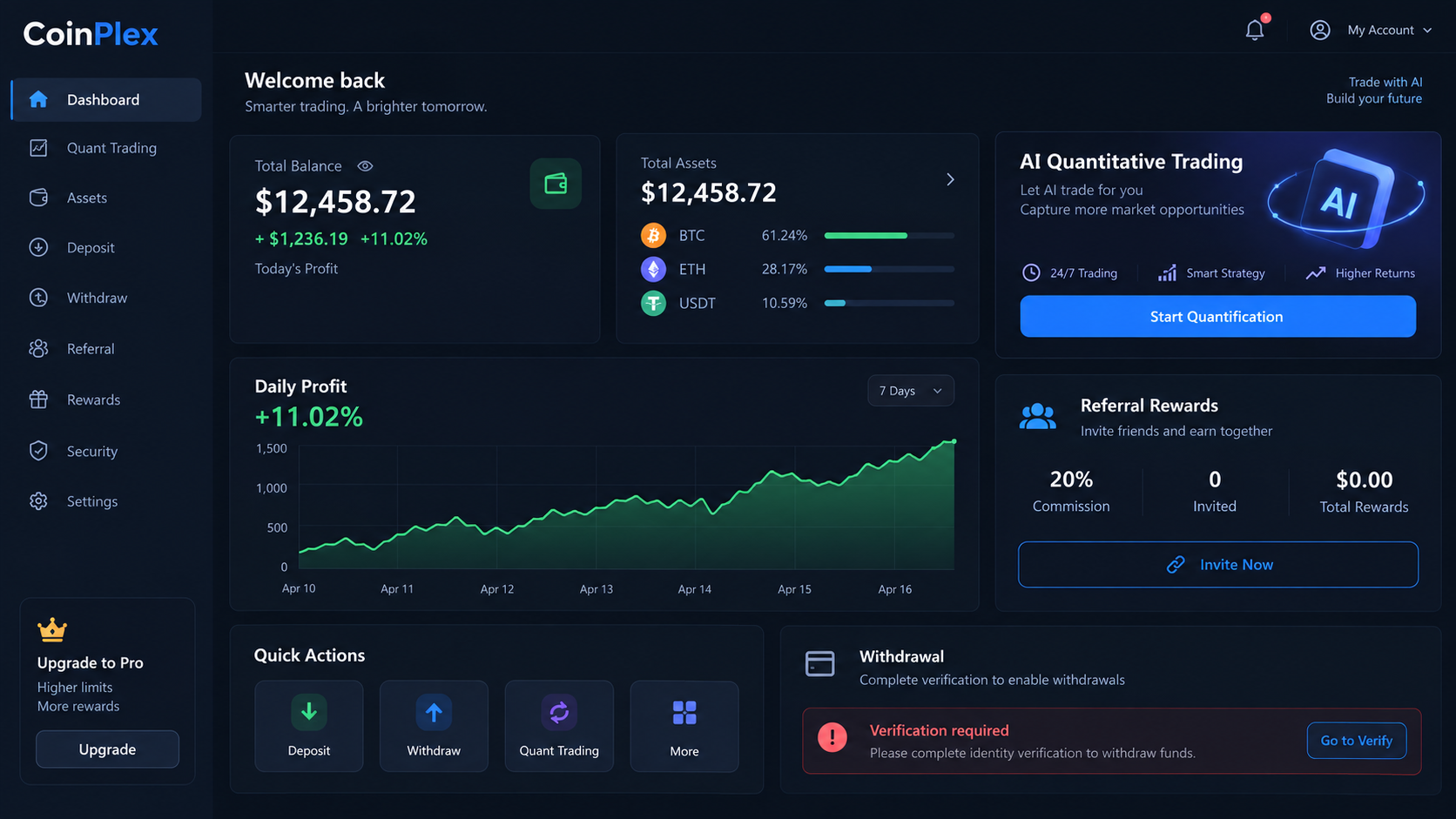 Coinplex-style AI quantitative trading dashboard with deposits, referrals, profits, and withdrawal verification
