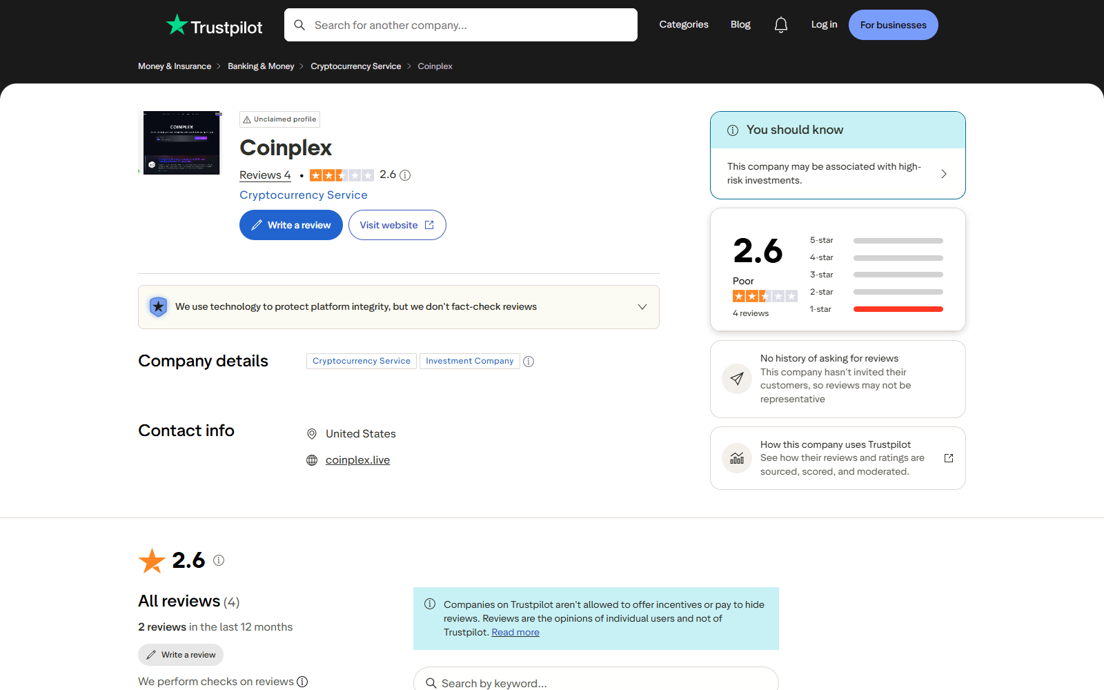 Coinplex public review profile warning about high-risk investments and showing only one-star reviews