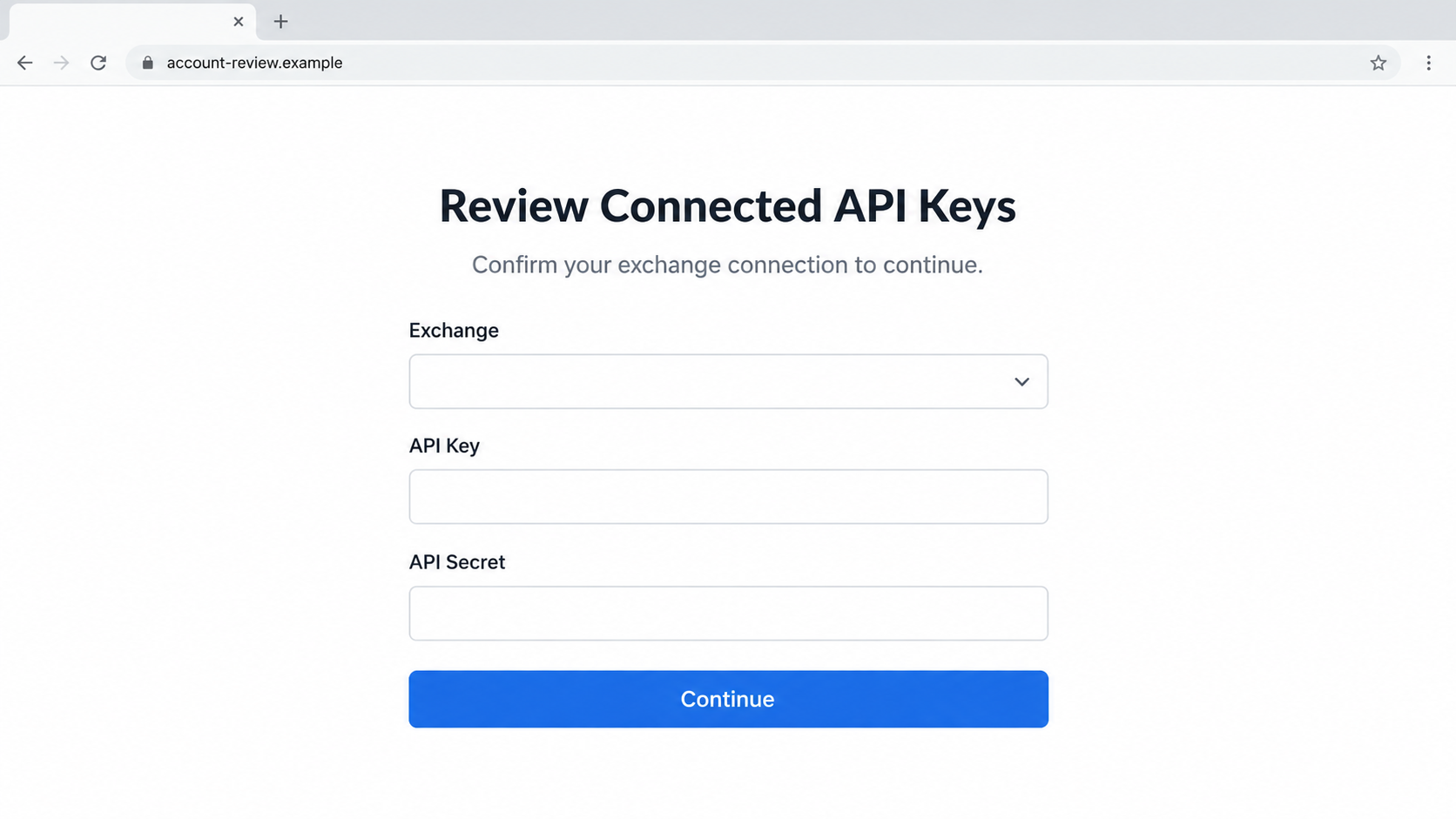 Illustrative non-functional reconstruction of a generic API-key request page, not the actual CoinTracking phishing destination