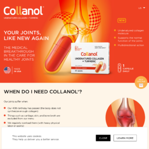 Screenshot of the official Collanol website and its joint health advertising claims