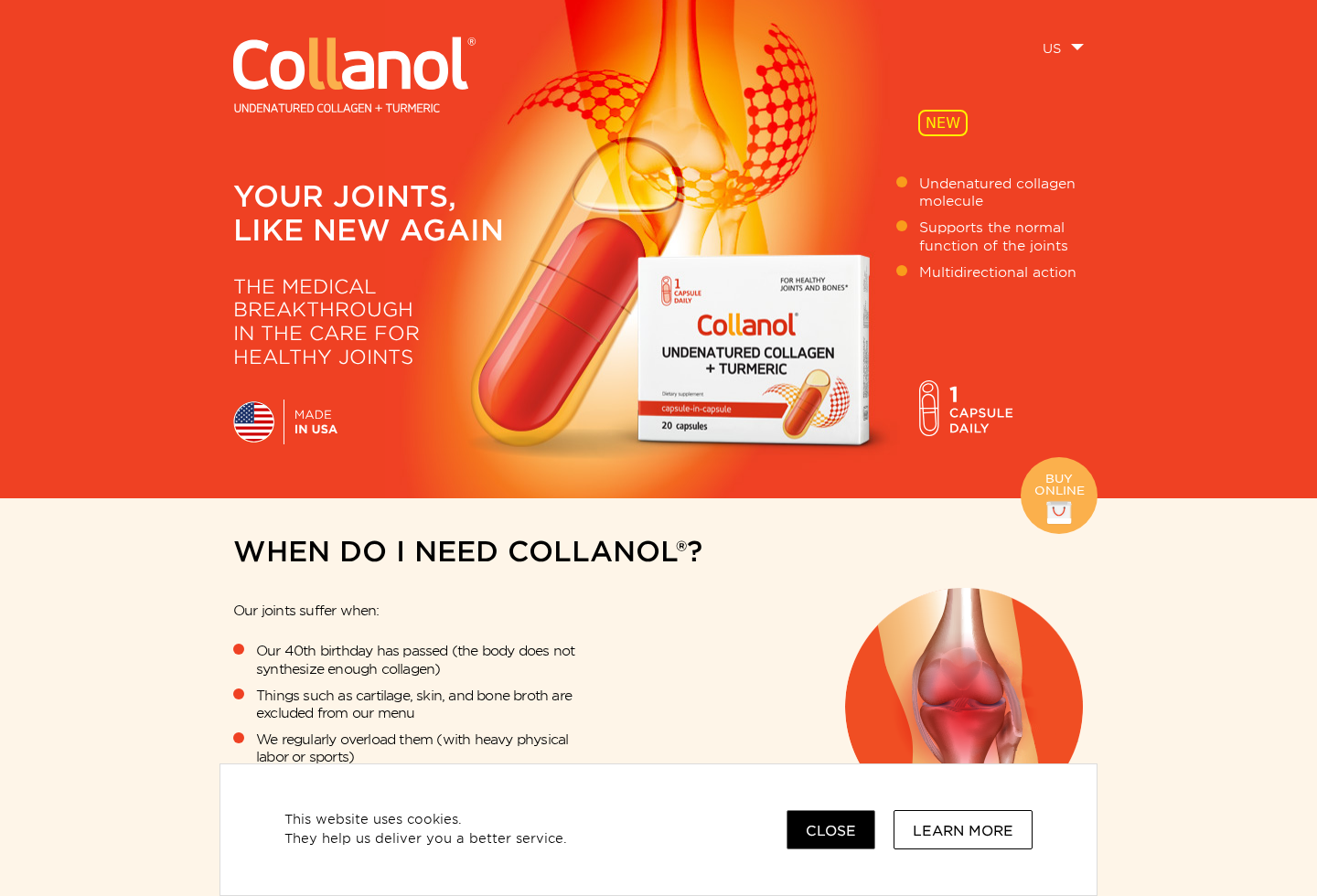 Screenshot of the official Collanol website and its joint health advertising claims