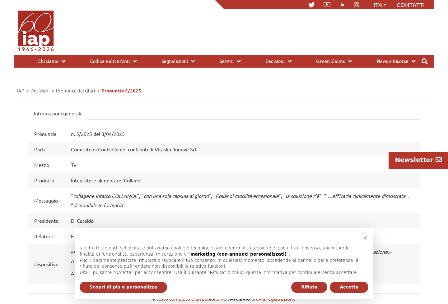 Screenshot of the official IAP decision concerning Collanol advertising claims
