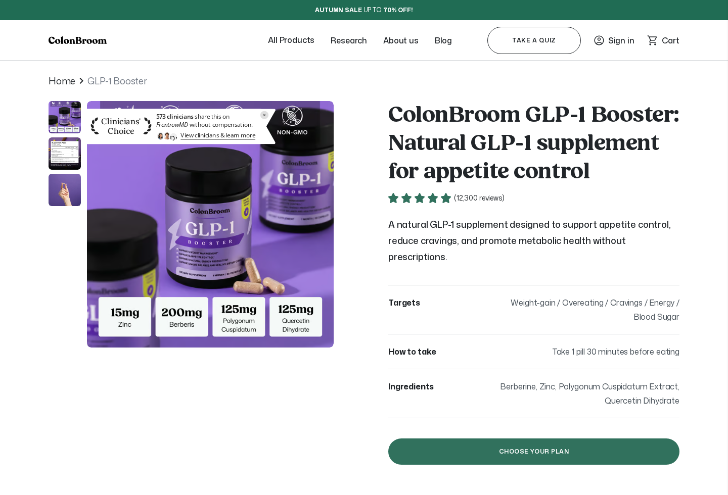 ColonBroom GLP-1 Reviews Exposed: Real Product, Subscription Complaints 1 Screenshot of the official ColonBroom GLP-1 Booster product page and ingredient panel