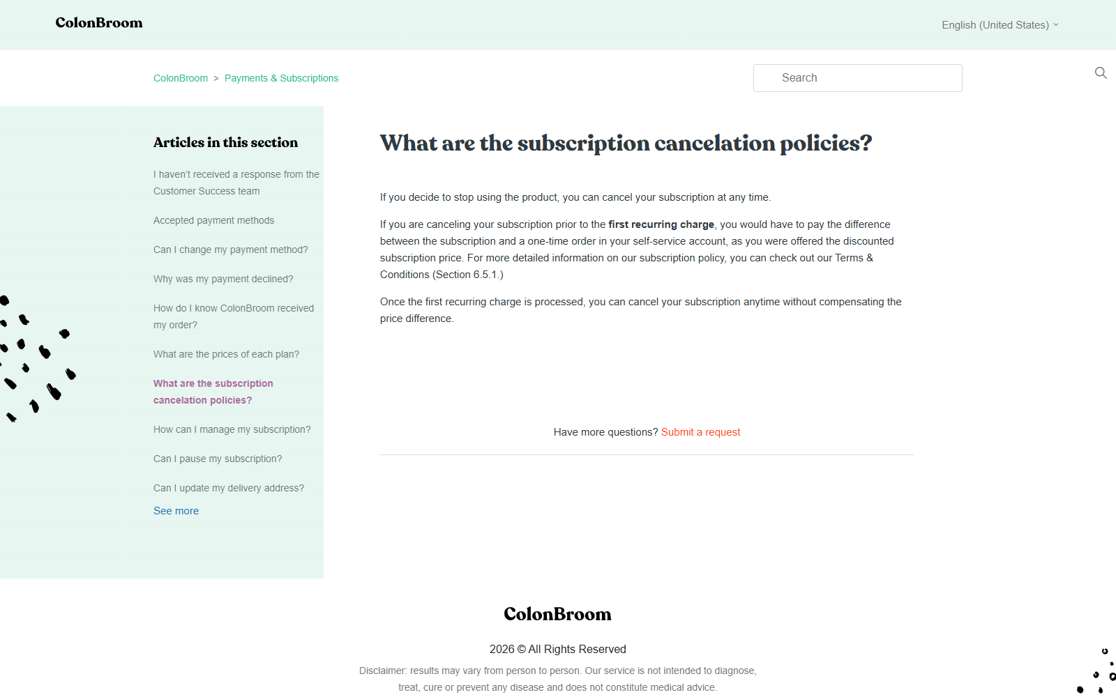 ColonBroom GLP-1 Subscription Trap Exposed 3 ColonBroom cancellation policy describing subscription price adjustment