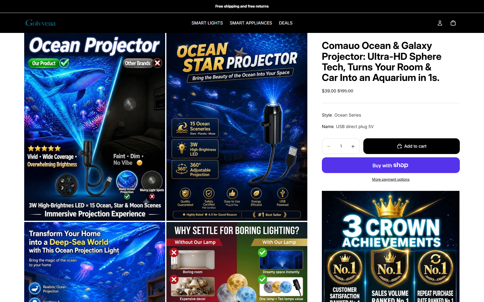 Comauo Ocean and Galaxy Projector sales page using dramatic underwater images and a discounted price