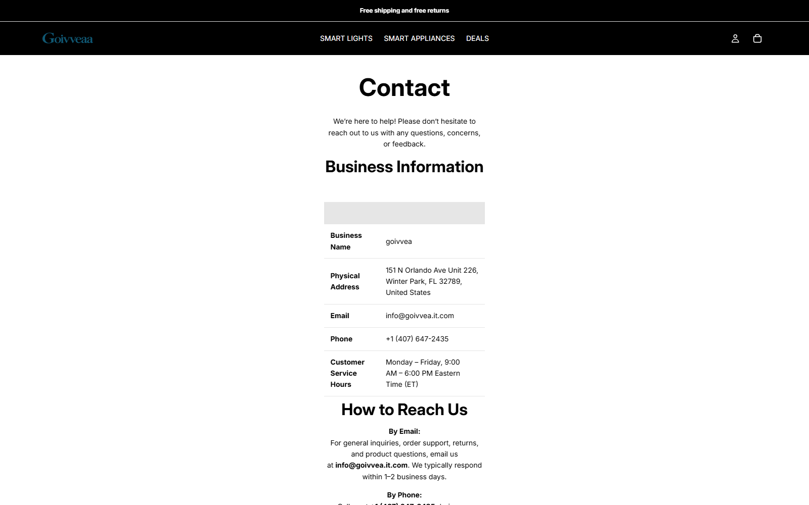 Goivveaa contact page listing a business name, Florida address, email, phone number, and service hours