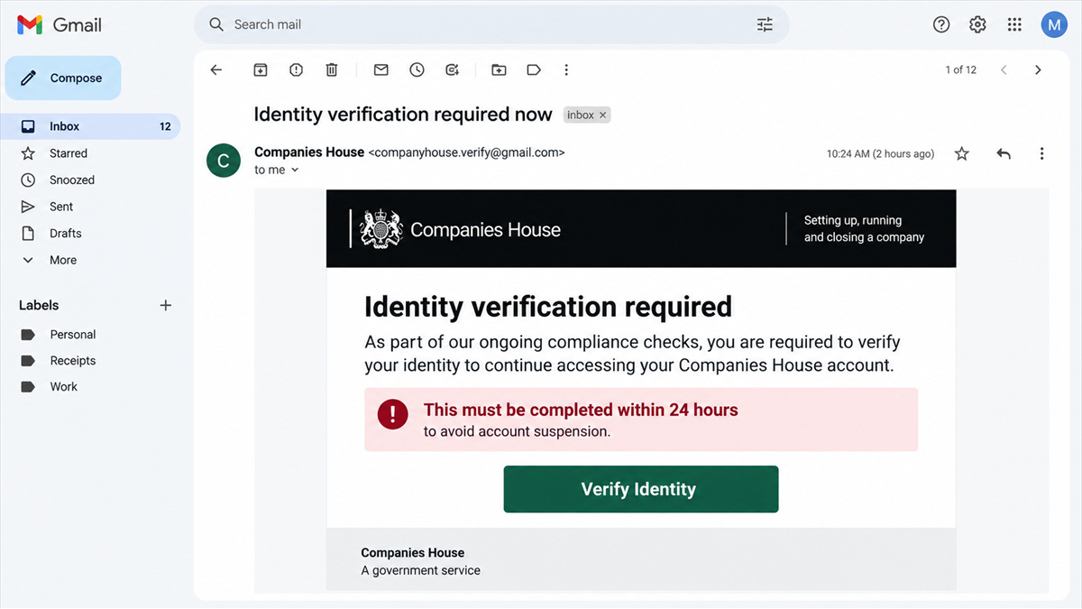 Fake Companies House Emails Steal Identity Documents 1 Reconstruction of a phishing email impersonating Companies House and demanding identity verification within 24 hours