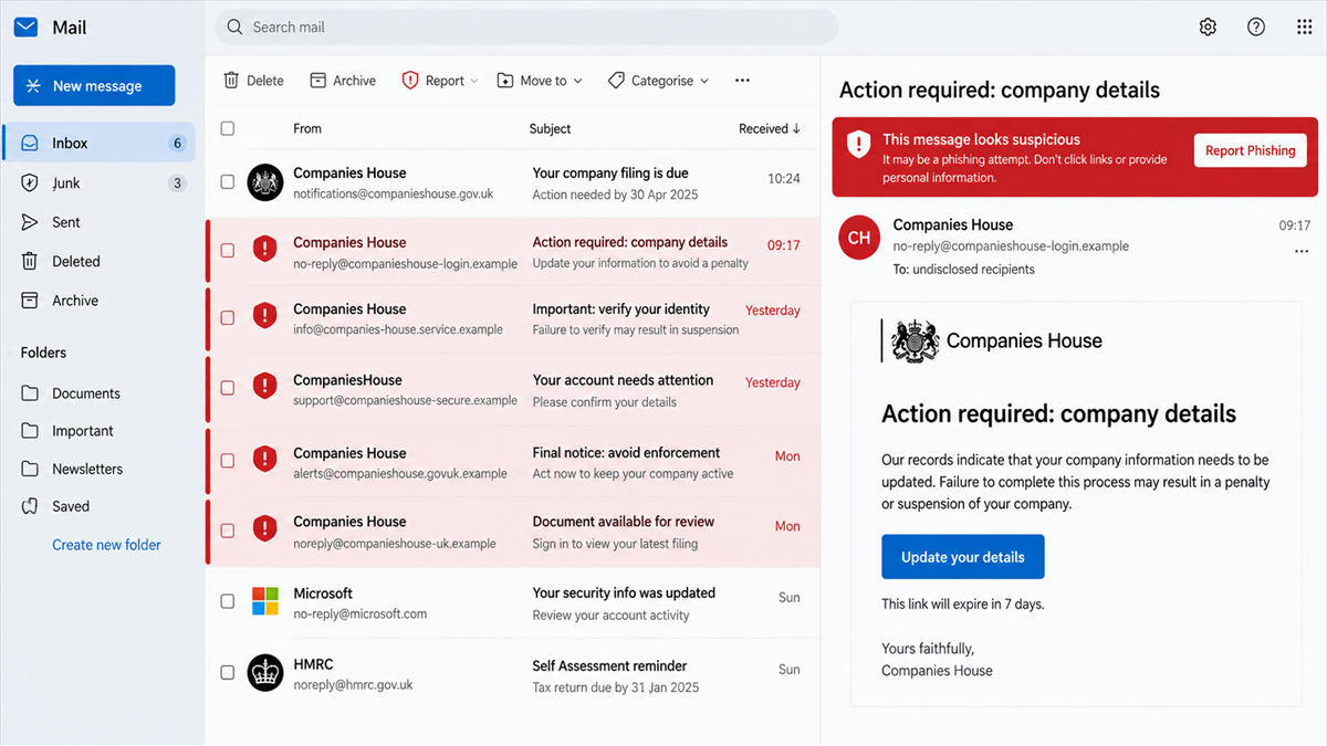 Fake Companies House Emails Steal Identity Documents 3 Reconstruction of an email security view comparing a genuine government sender with fraudulent look-alike domains