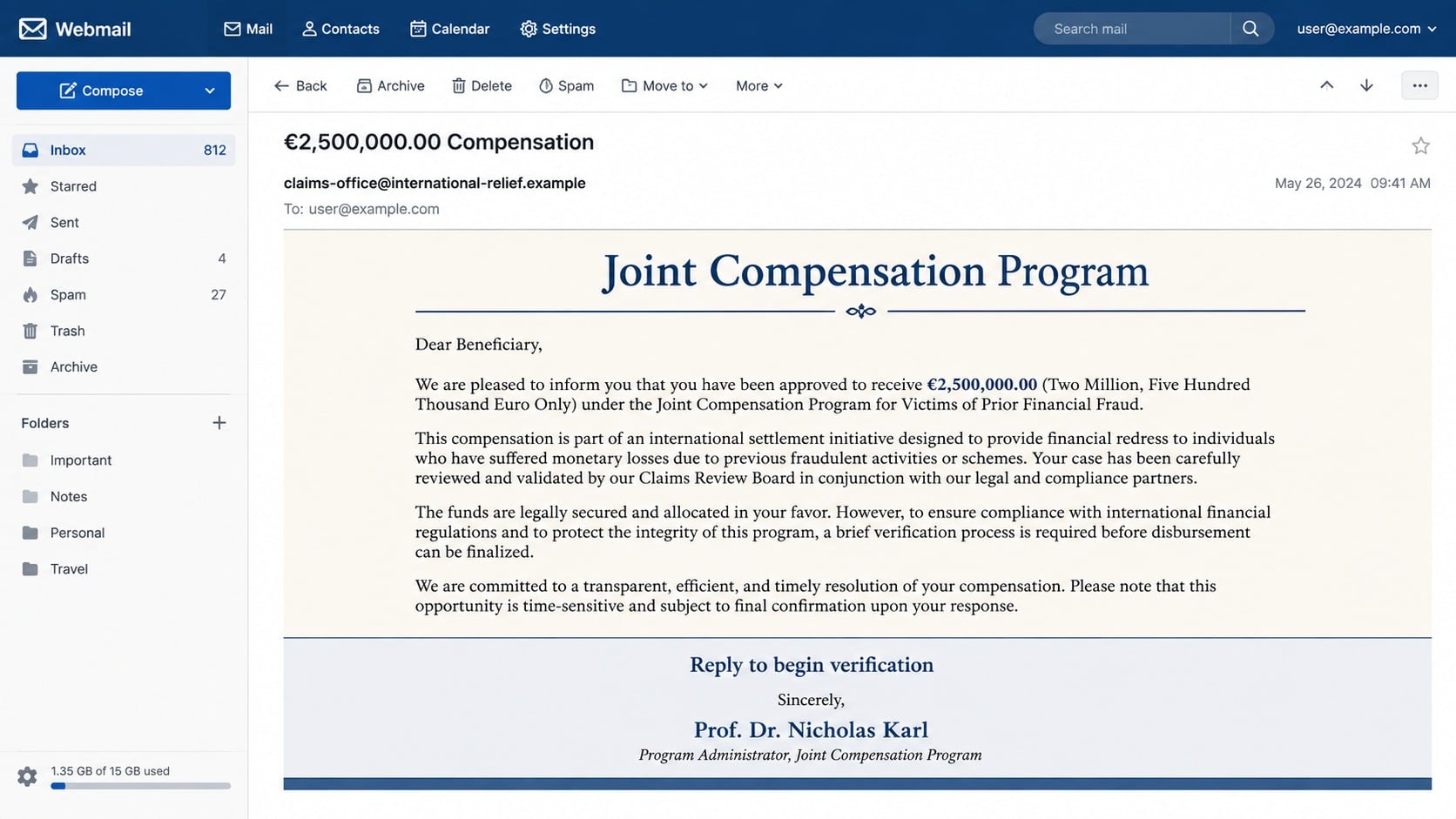 Reconstructed 2.5 million euro compensation program scam email