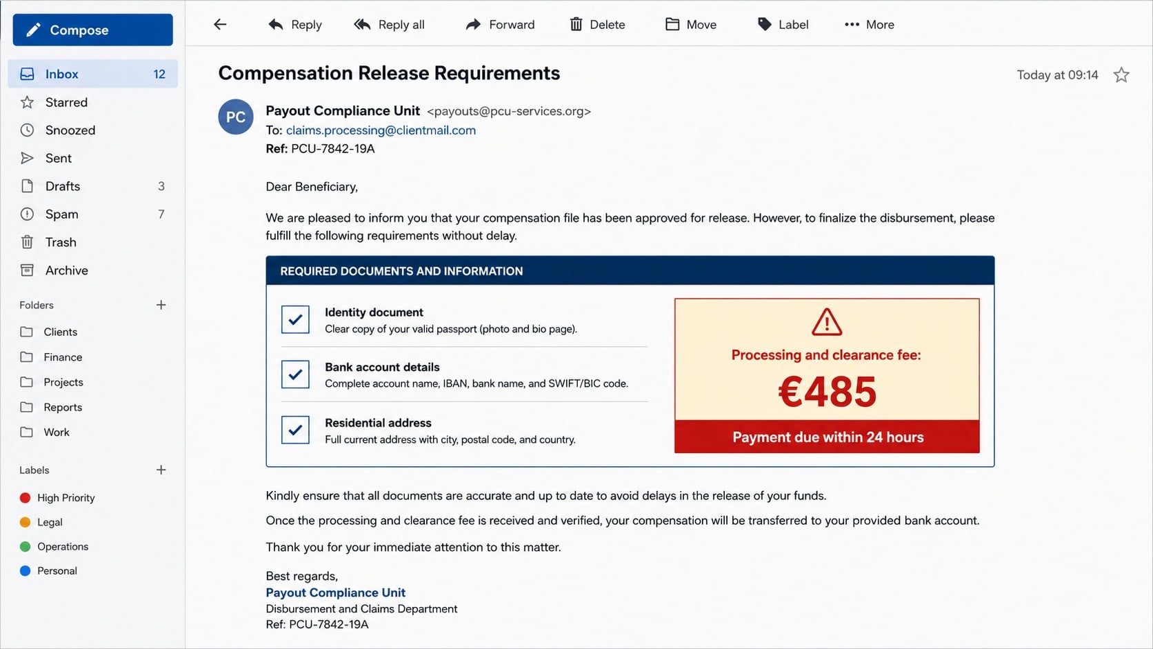 Fake administrative fee request following a compensation award email