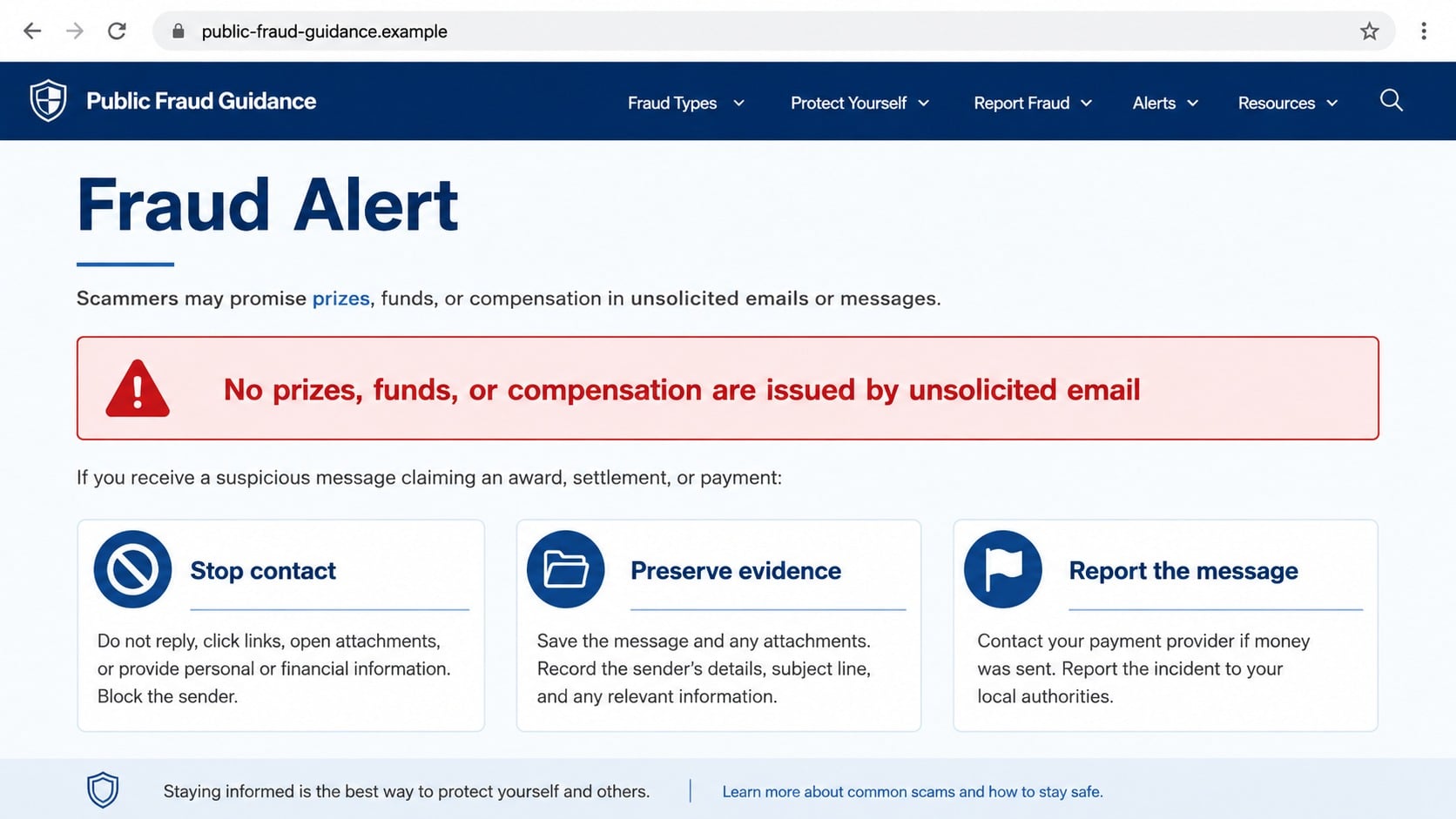 Public fraud warning explaining that unsolicited compensation offers are fake