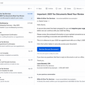 Compromised accountant email scam shown in a fictional trusted tax-firm message