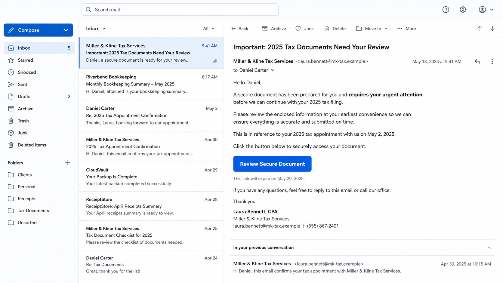 Compromised Accountant Email Scam Steals Tax Data 1 Compromised accountant email scam shown in a fictional trusted tax-firm message