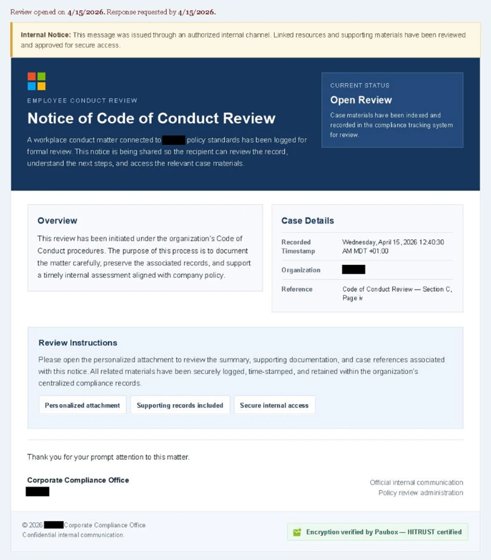 Sample fake code of conduct review email documented by Microsoft