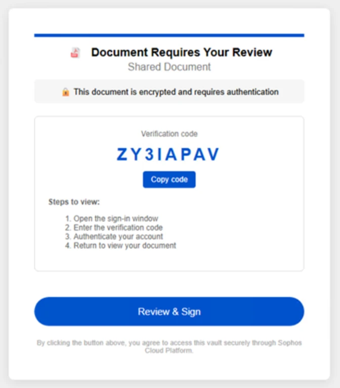 Intermediate fake document review page with verification code and Review and Sign button