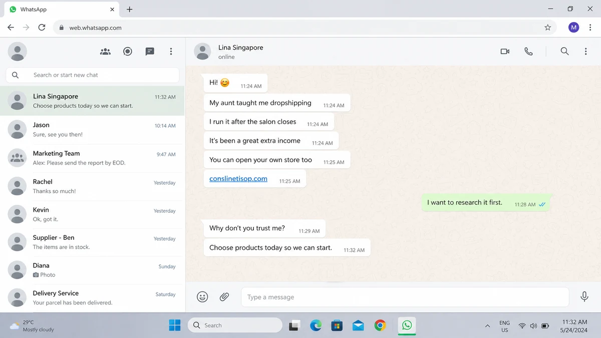 Realistic WhatsApp reconstruction showing a TikTok contact pitching Conslinetisop dropshipping and becoming pushy
