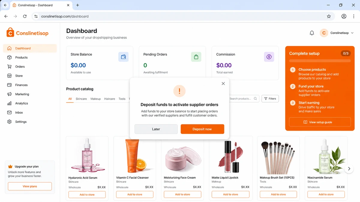 Realistic Conslinetisop dashboard reconstruction asking a user to fund a store before supplier orders can begin