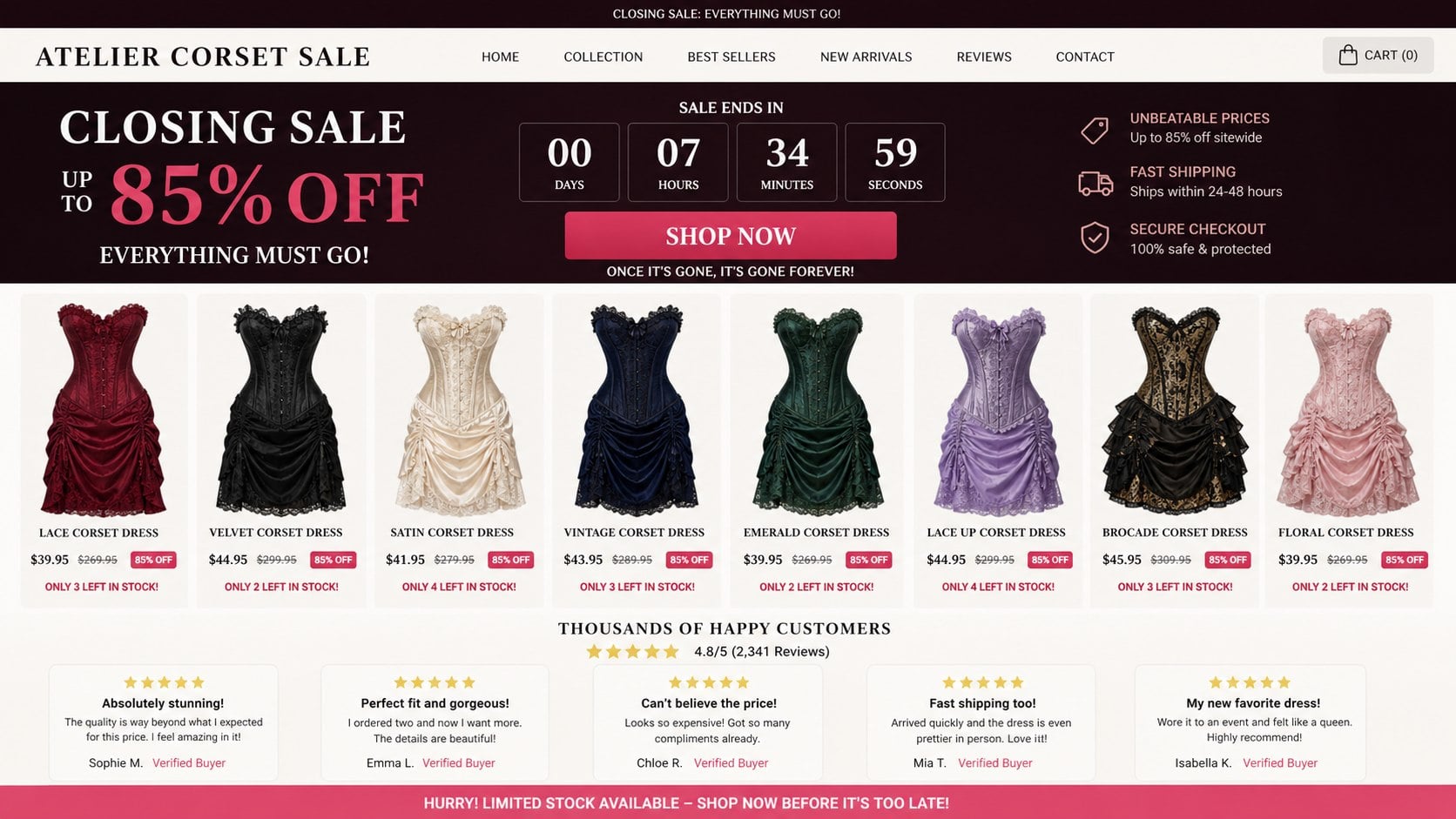 Reconstructed corset dress scam store advertising an unrealistic closing sale