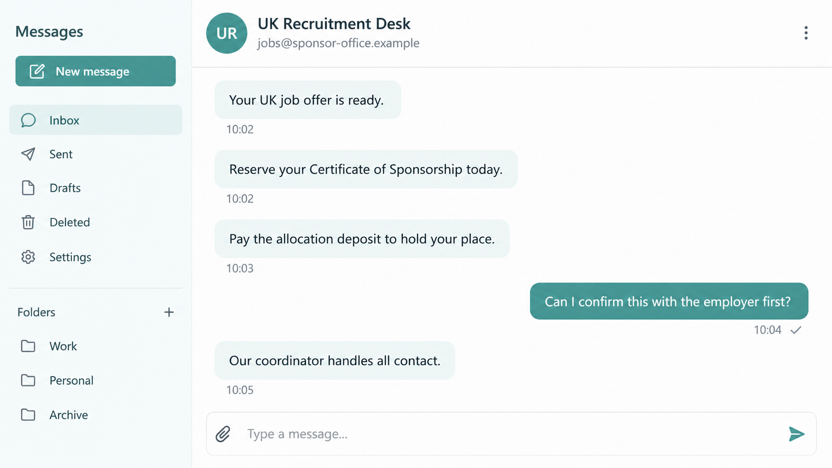 Fake UK recruiter conversation asking an applicant to pay a deposit to reserve a Certificate of Sponsorship