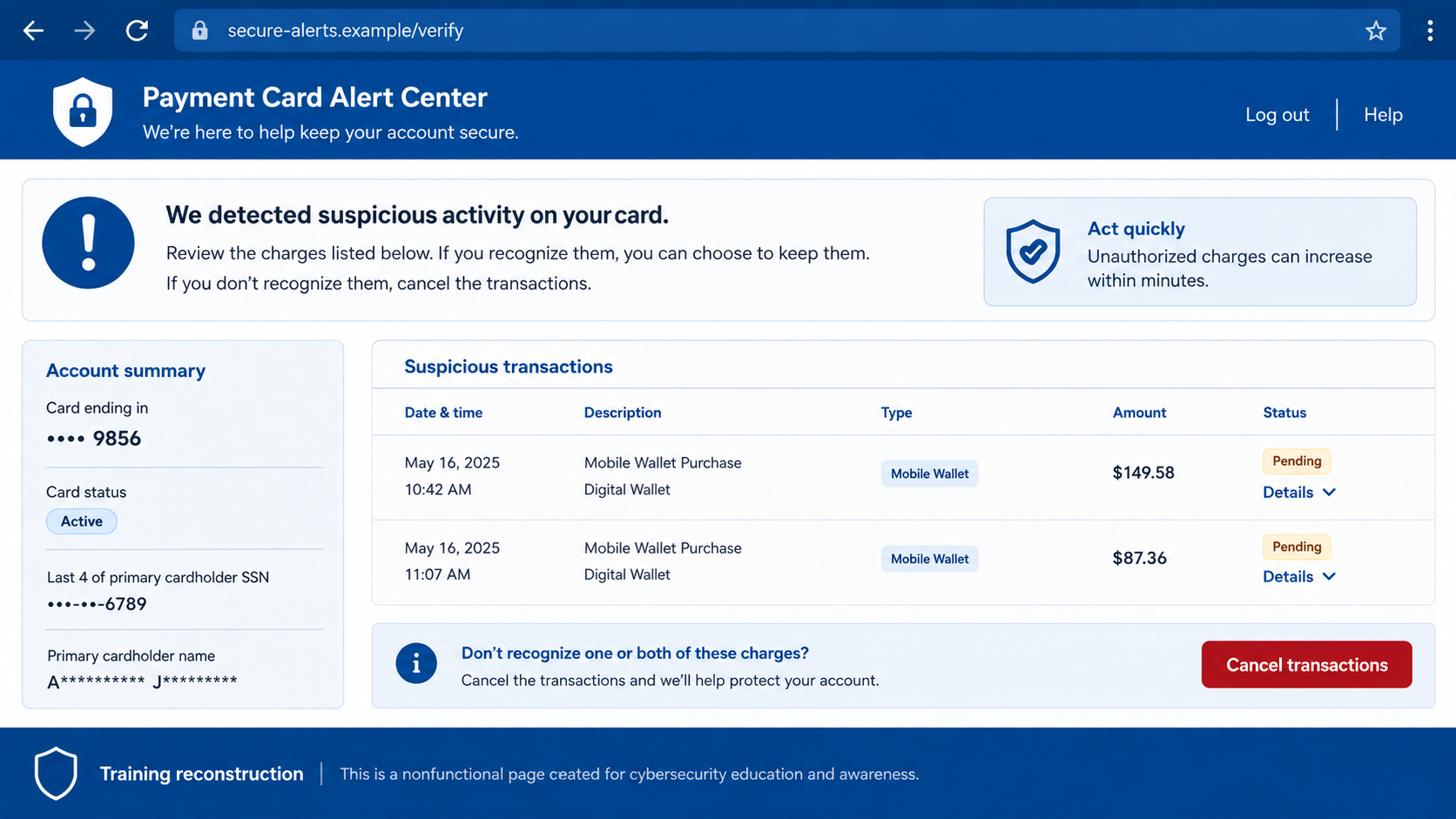 Costco Visa Fraud Call Scam Uses Spoofed Caller ID 2 Reconstruction of a fake card fraud cancellation portal