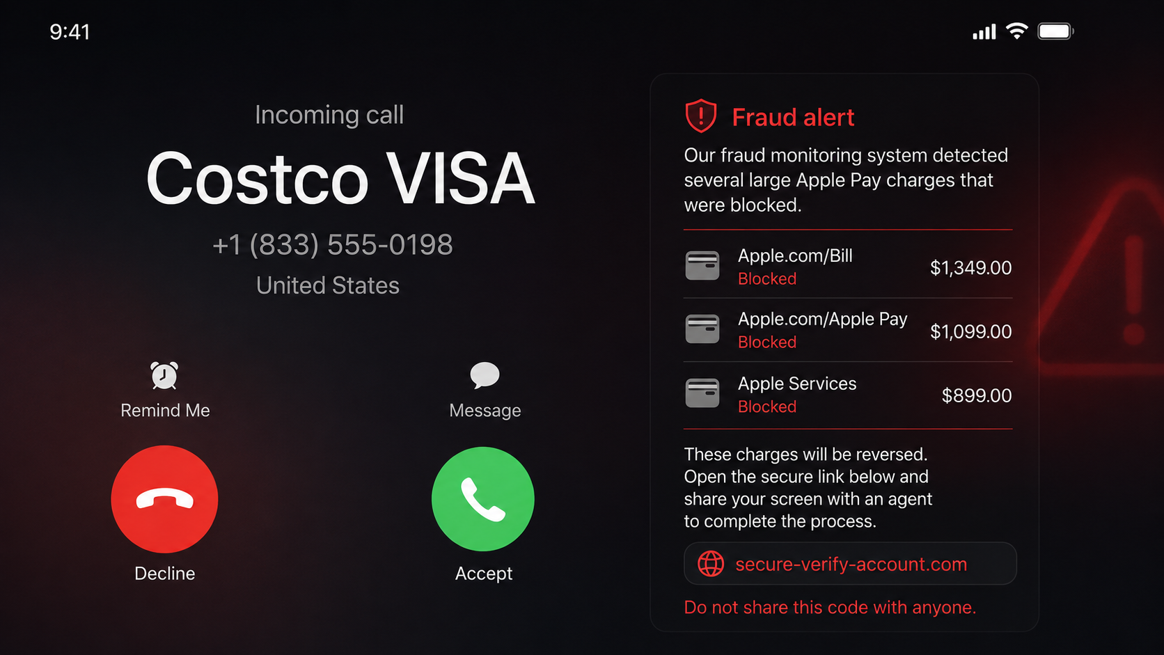 Costco Visa Fraud Call Scam Uses Spoofed Caller ID 1 Spoofed Costco Visa fraud call claiming Apple Pay charges were blocked