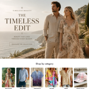 Cotabllas homepage with a luxury coastal fashion scene and Timeless Edit campaign